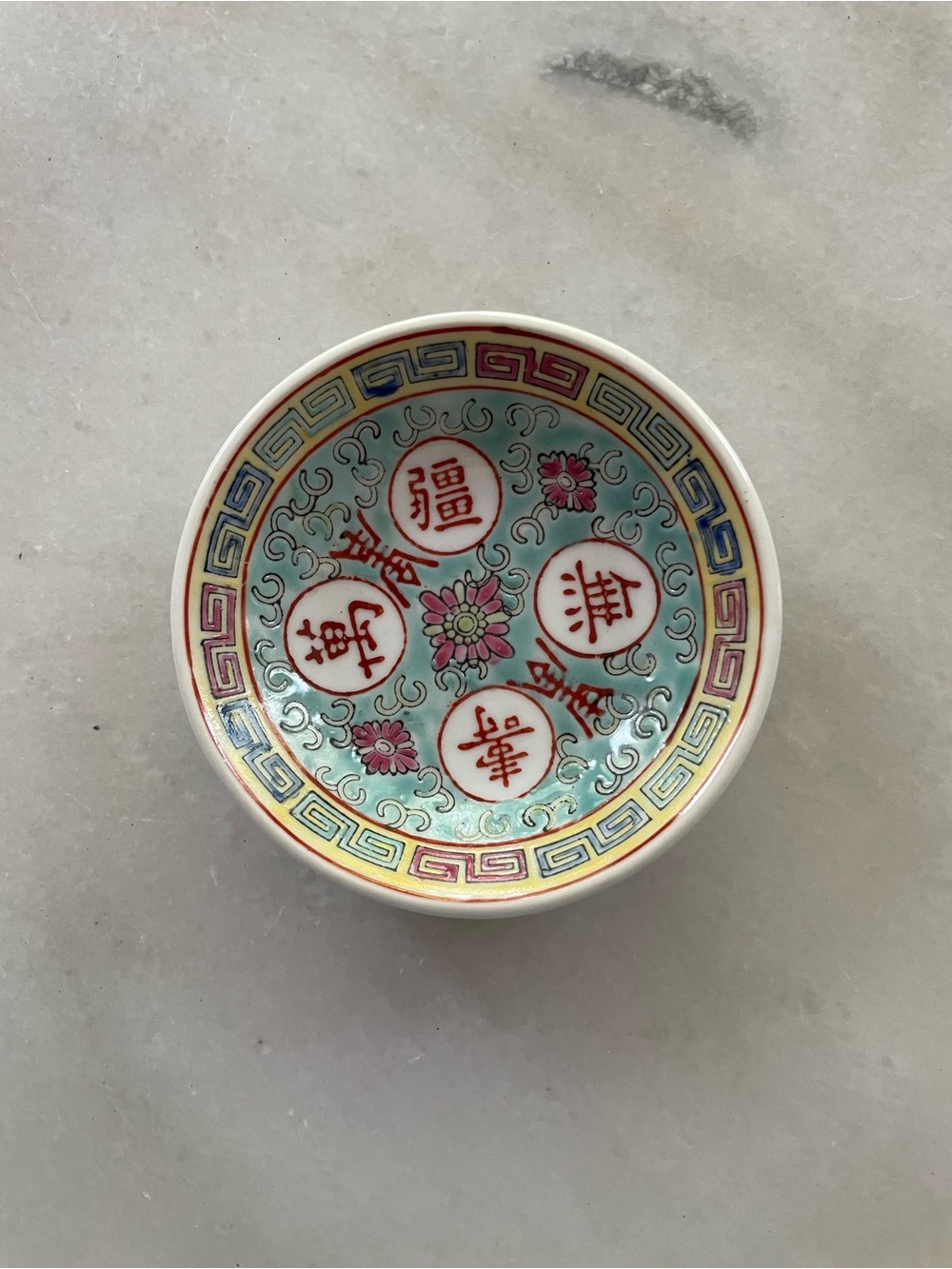 Hand-Painted Floral Porcelain Dish in Aqua and Pink